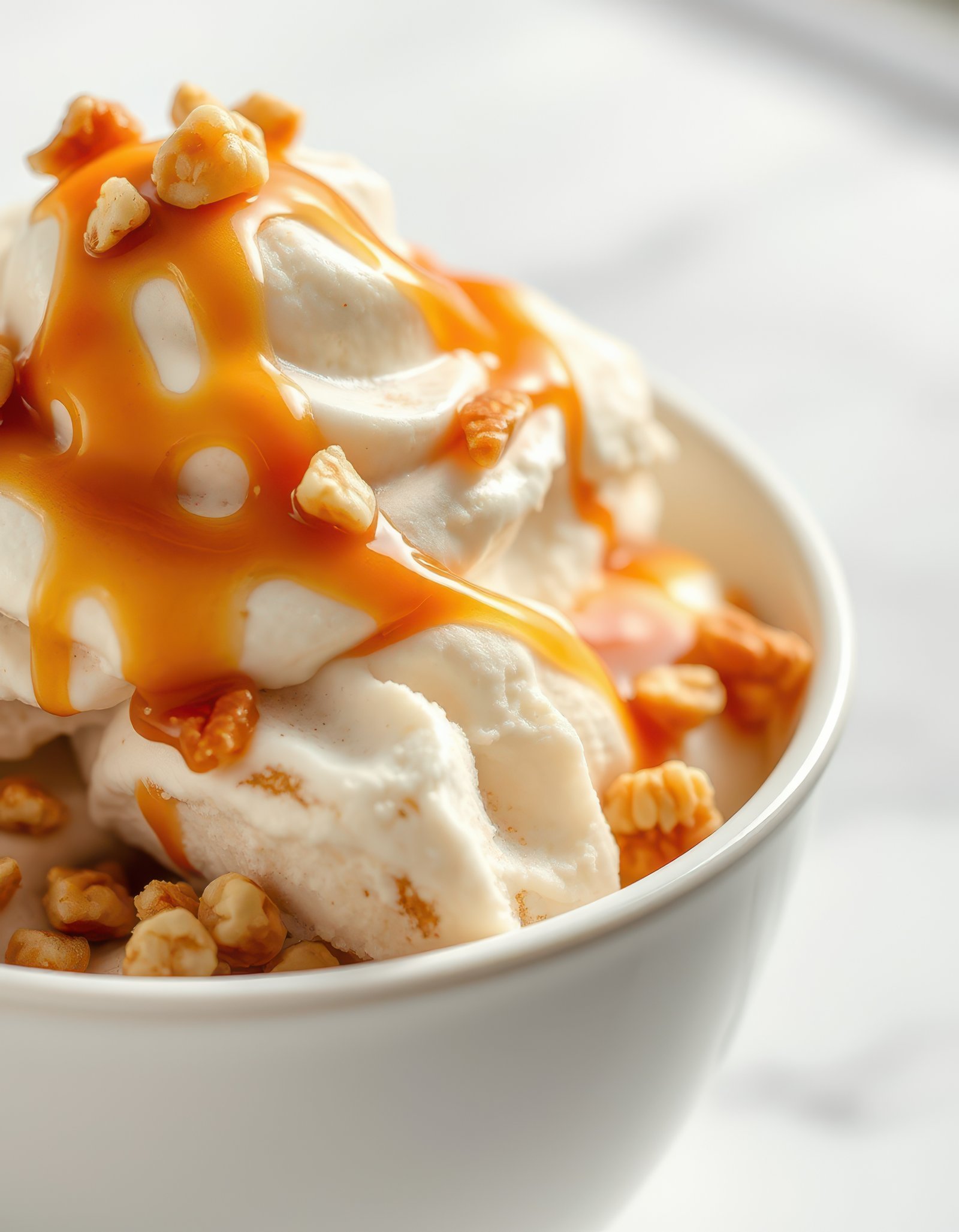 Delicious dessert featuring creamy ice cream topped with caramel and crunchy nuts enjoyed in a cozy setting